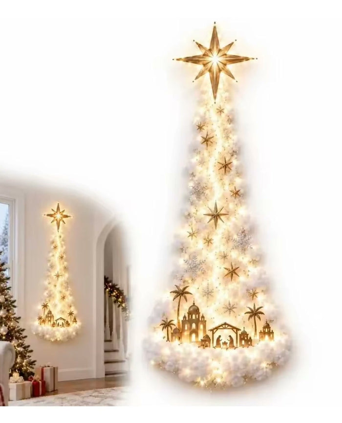 Starlight Snow Trail Wall Light, gold star, lit cotton snow trail and nativity village