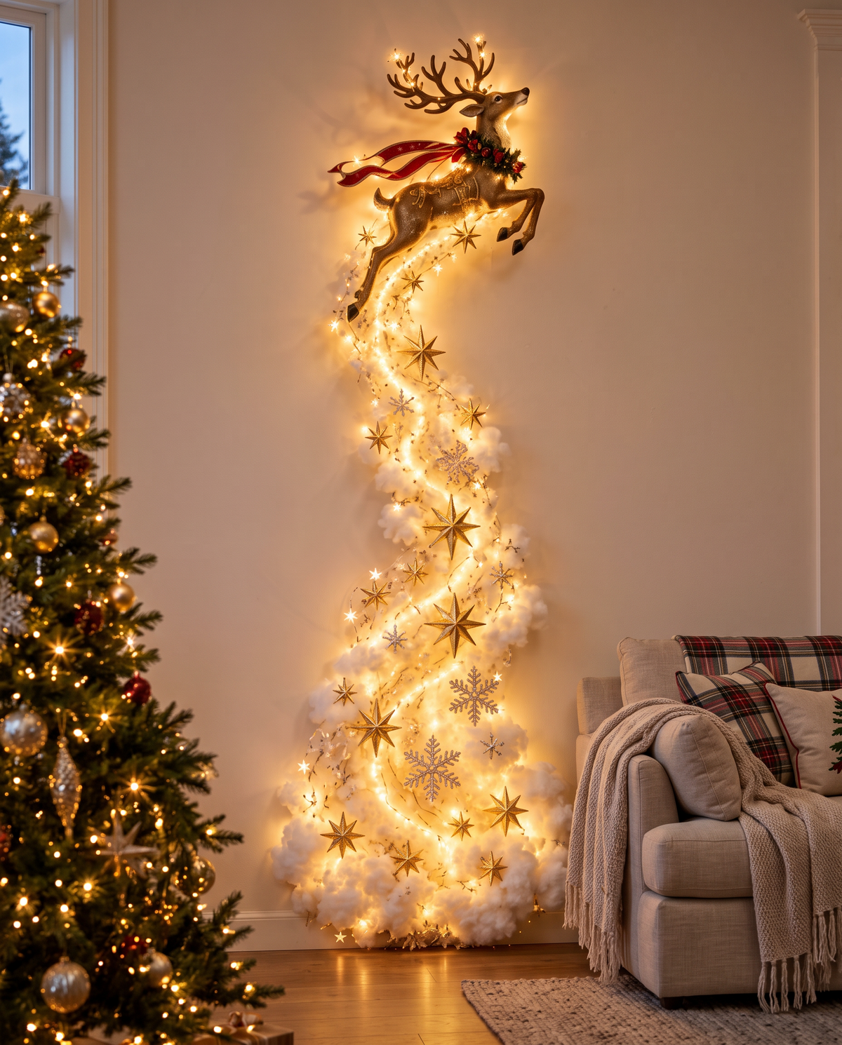 Golden Reindeer magic trail wall light glowing in a living room