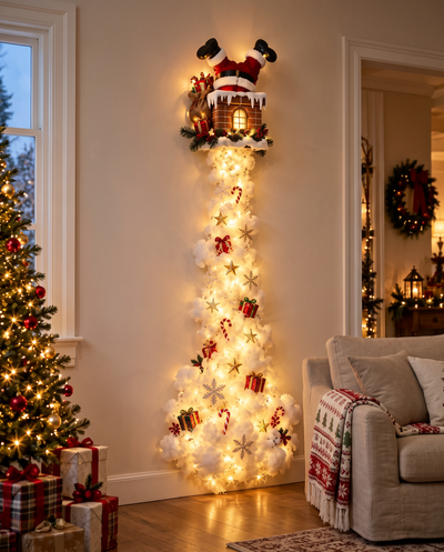 Santa in the Chimney magic trail wall light glowing in a living room