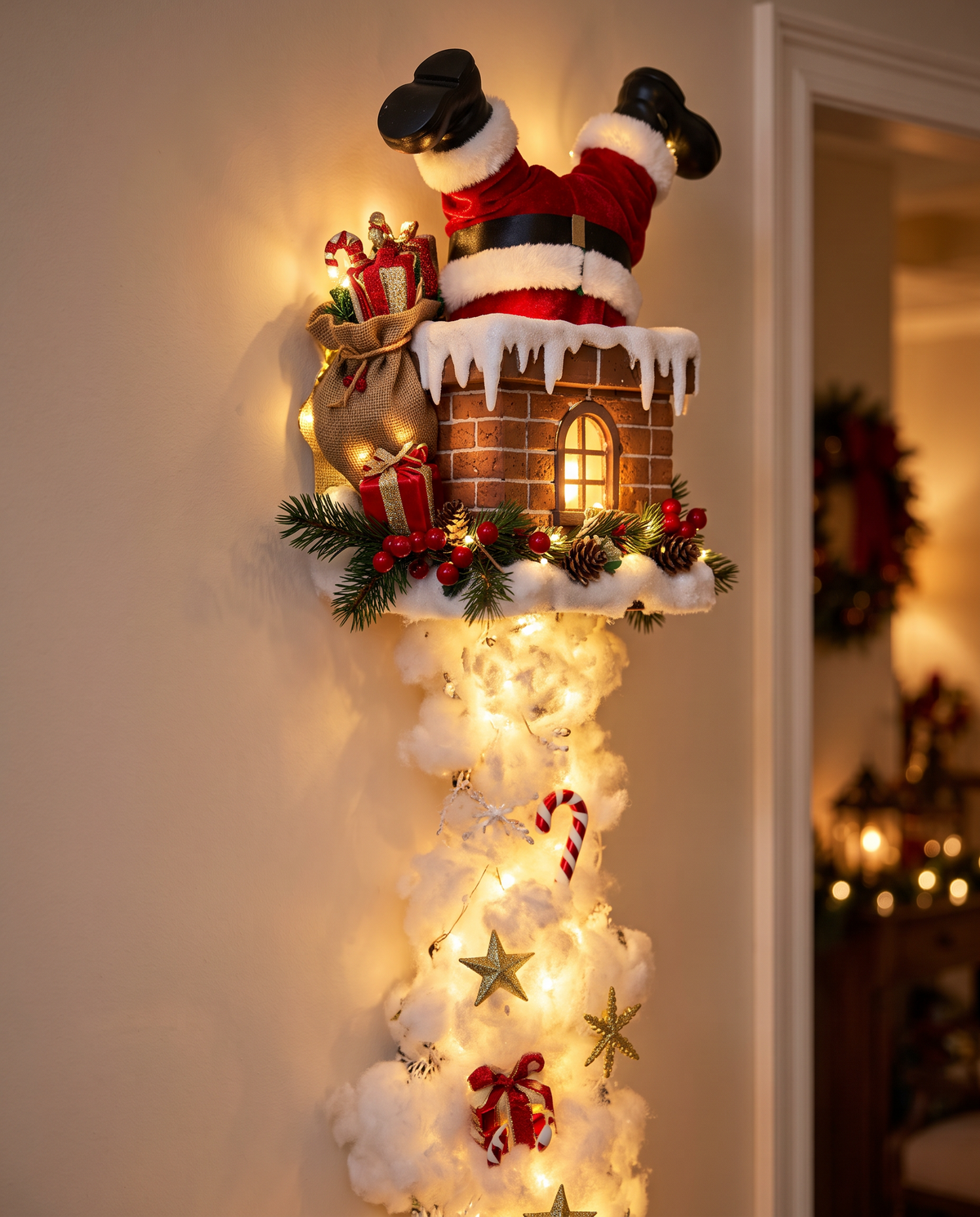 Close-up of the Santa in the Chimney topper and lit cotton trail