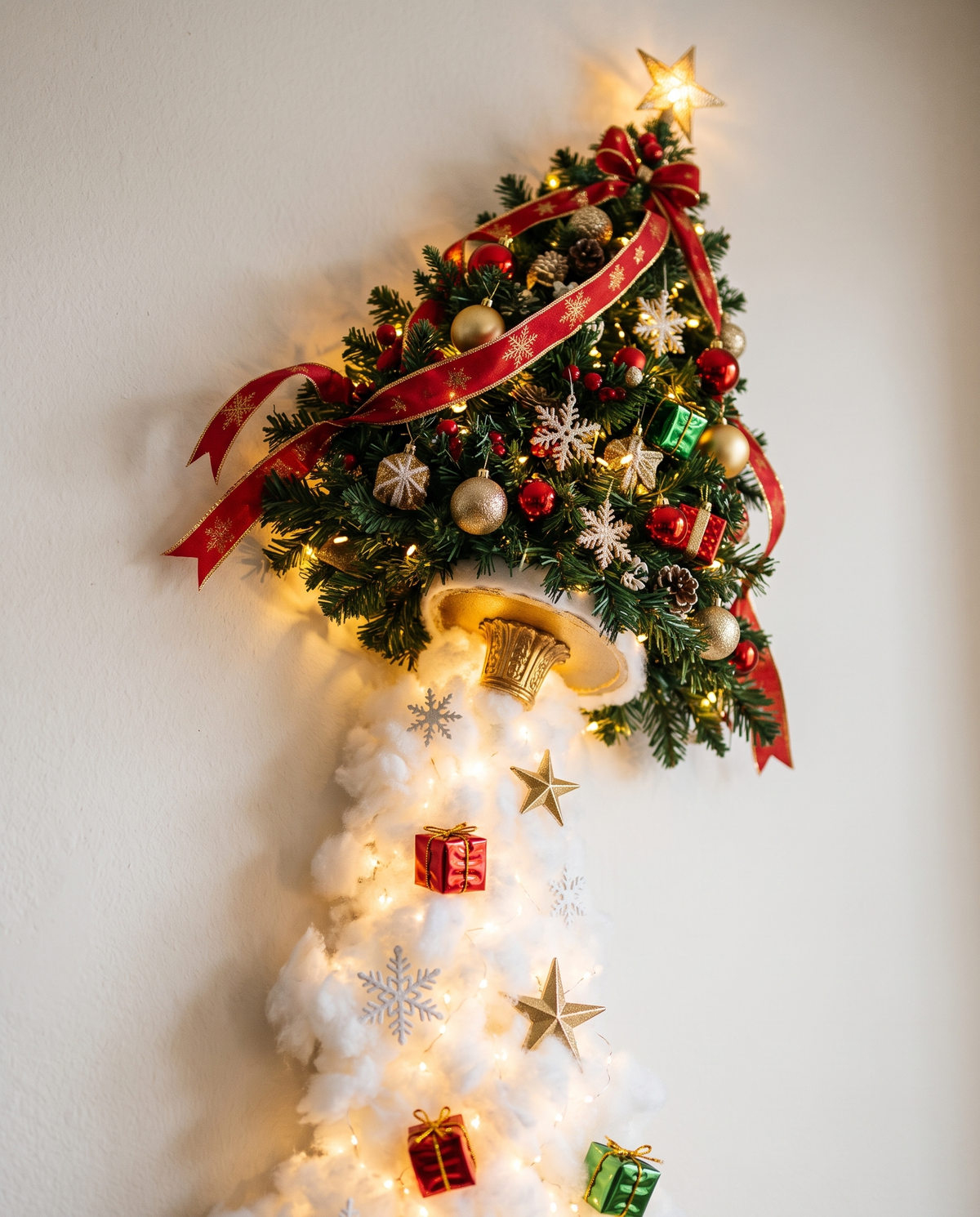 Close-up of the Christmas Tree topper and lit cotton trail