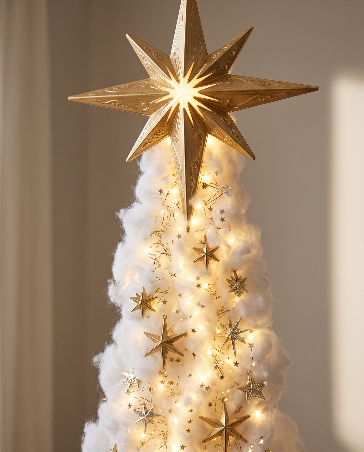 Close-up of the gold star and lit cotton trail