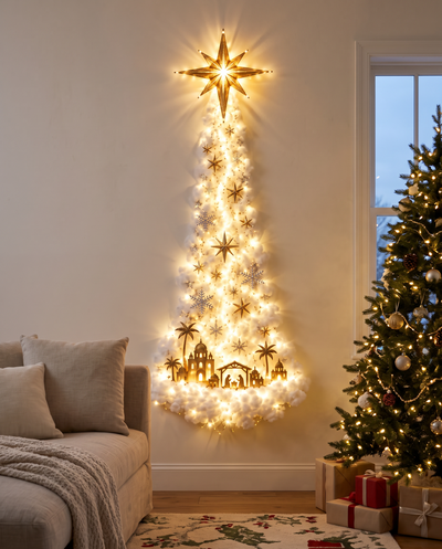 Star & Nativity magic trail wall light glowing in a living room