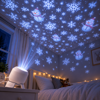 Snowflakes and snowmen projected across a child's bedroom ceiling