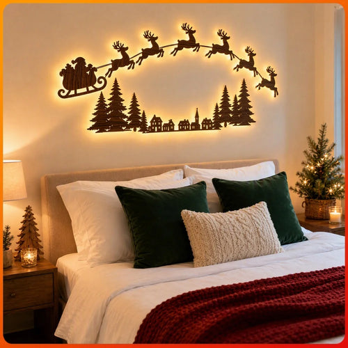 Glowing reindeer wall light, Santa's sleigh scene, above a bed