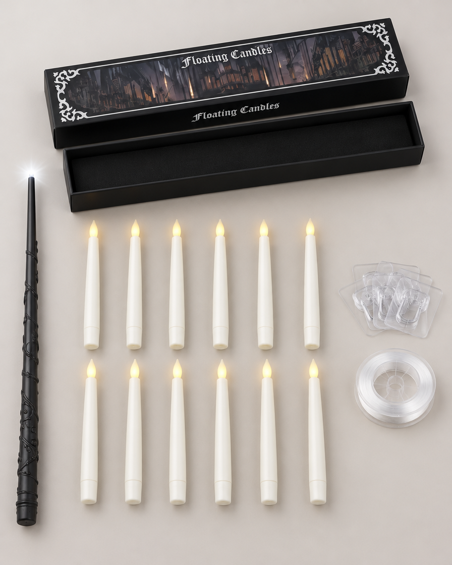What's in the box: the Floating Candles retail box, twelve candles, the wand, hooks and clear line