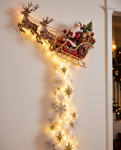 Close-up of the Santa's Sleigh topper and lit cotton trail