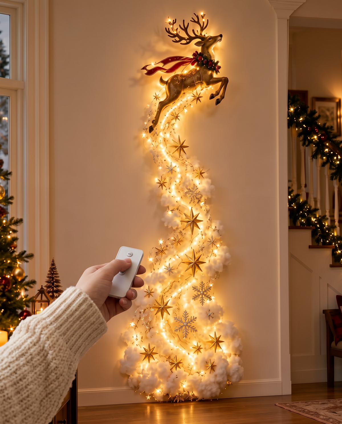 Switching the Golden Reindeer wall light on with the remote