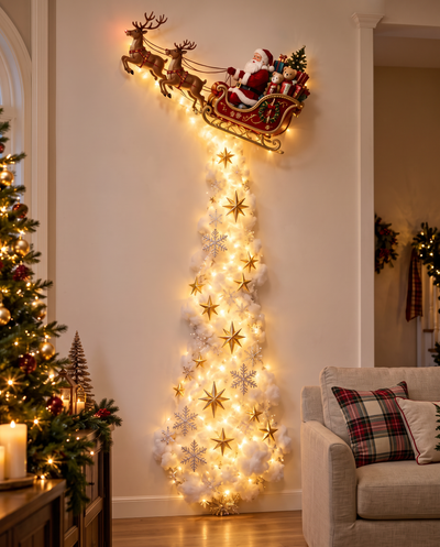 Santa's Sleigh magic trail wall light glowing in a living room
