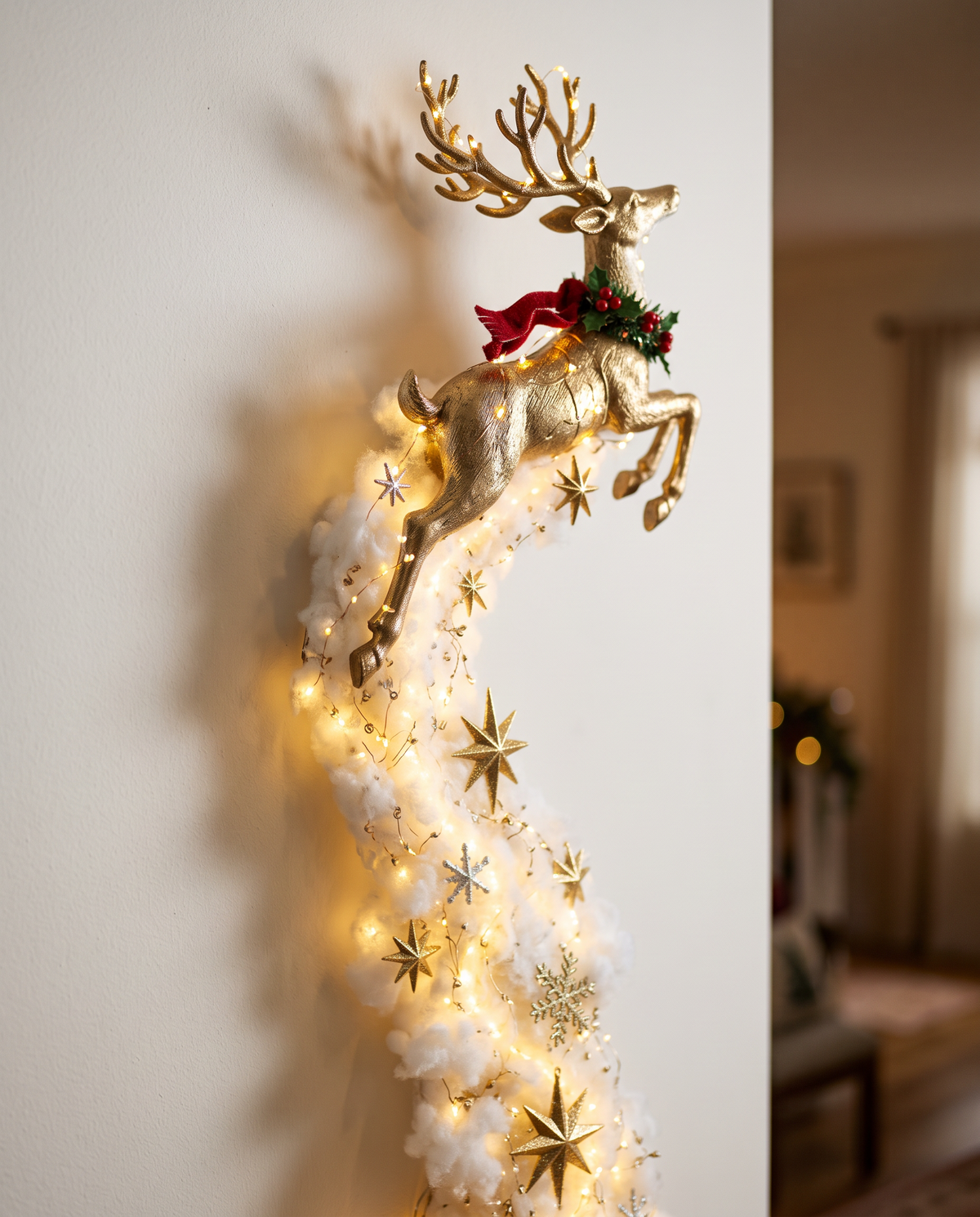 Close-up of the Golden Reindeer topper and lit cotton trail