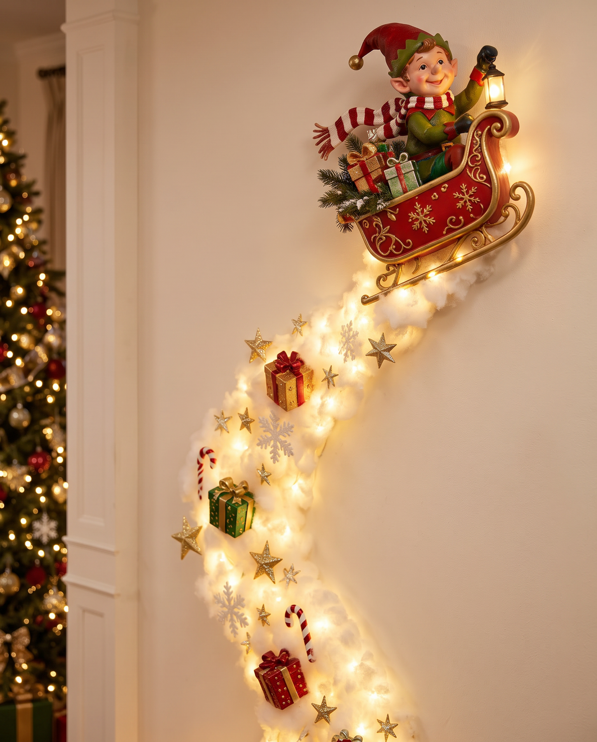 Close-up of the Santa & Elf Sleigh topper and lit cotton trail