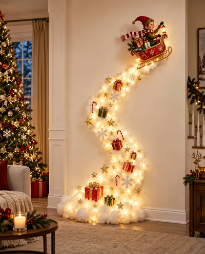 Santa & Elf Sleigh magic trail wall light glowing in a living room