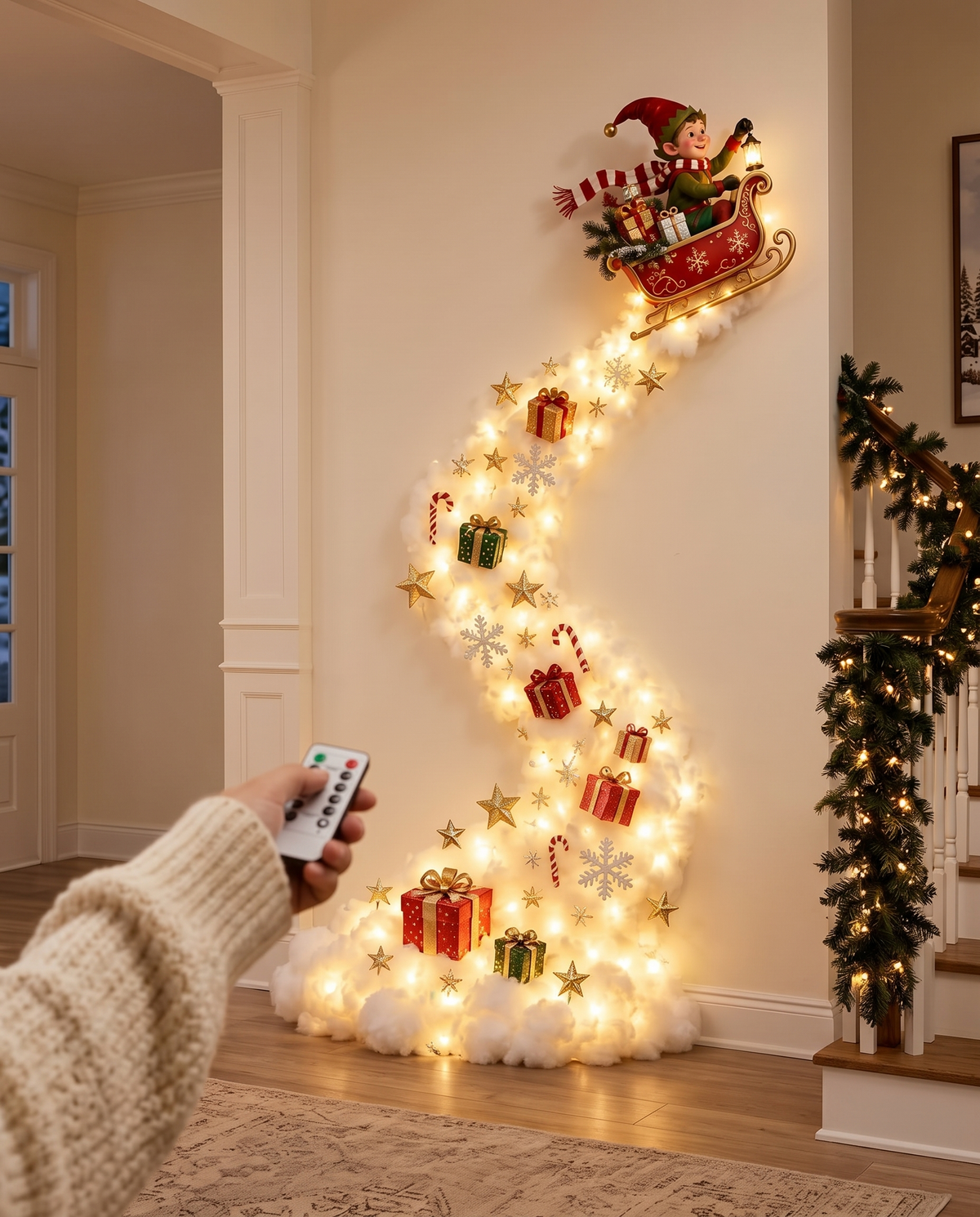 Switching the Santa & Elf Sleigh wall light on with the remote