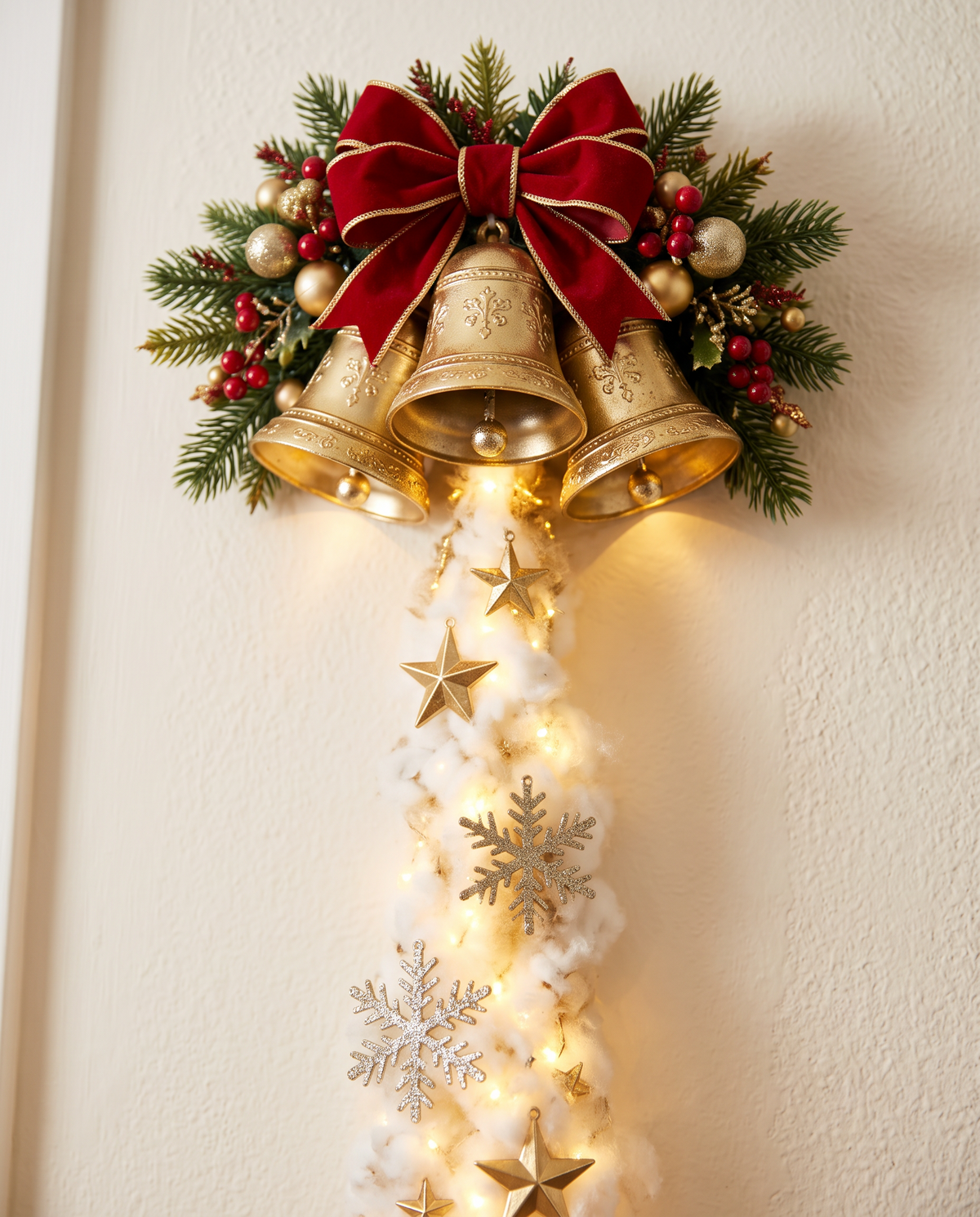 Close-up of the Golden Bells topper and lit cotton trail