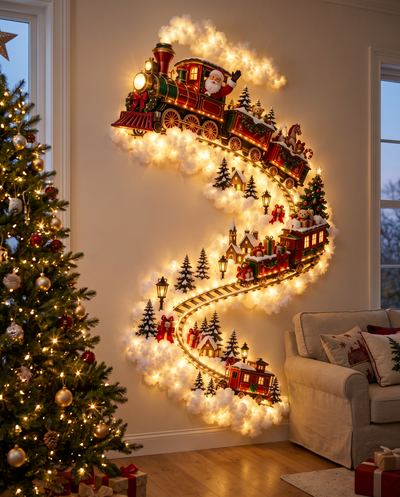 Christmas Train magic trail wall light glowing in a living room