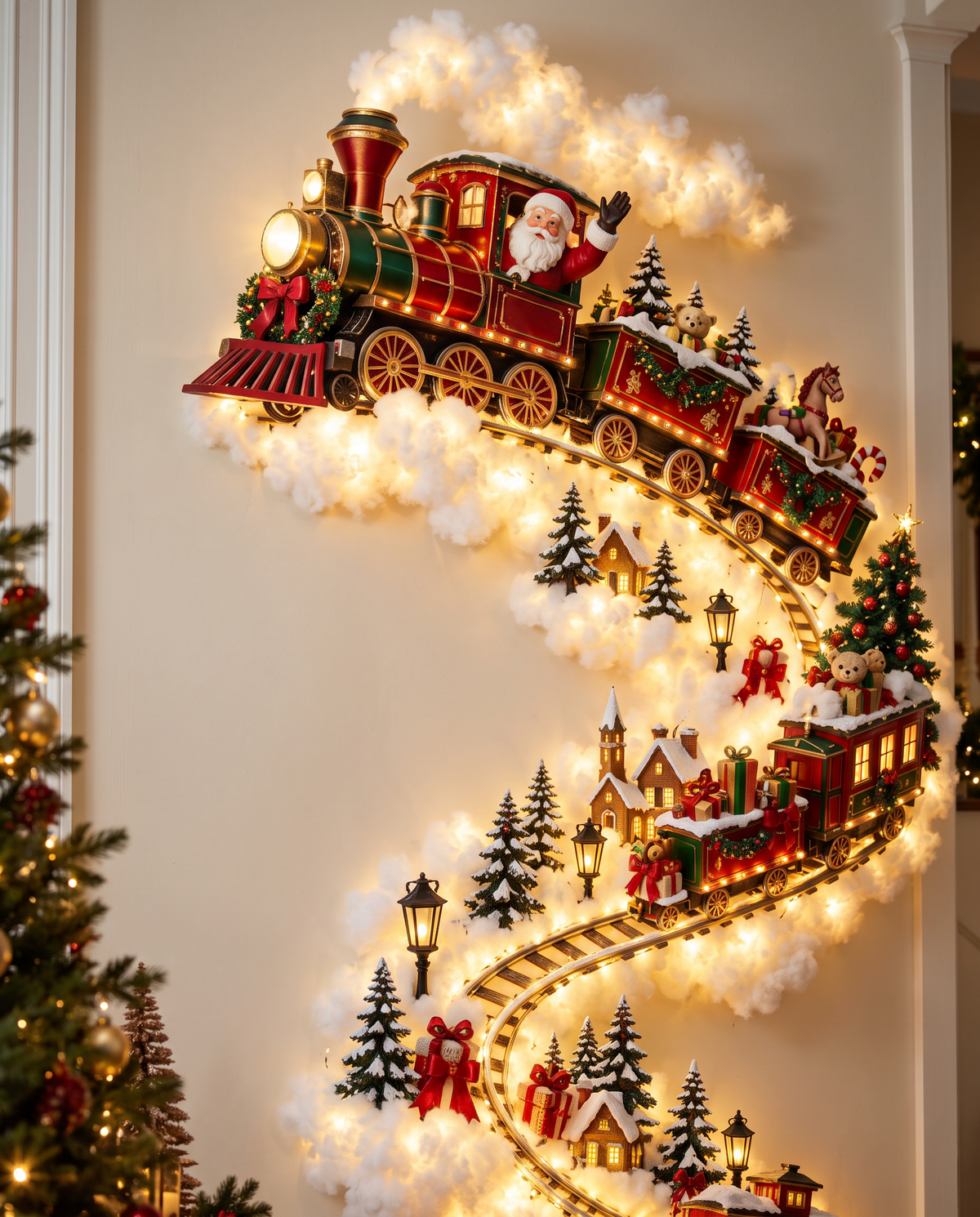 Close-up of the Christmas Train and lit cotton trail