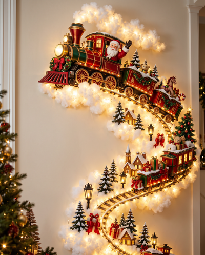 Close-up of the Christmas Train and lit cotton trail