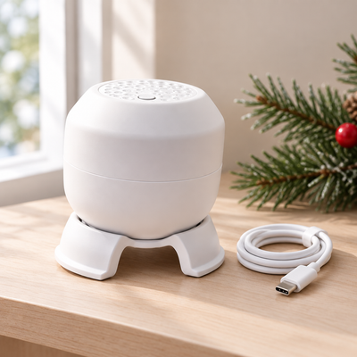 The projector, its rotating base and the USB-C cable