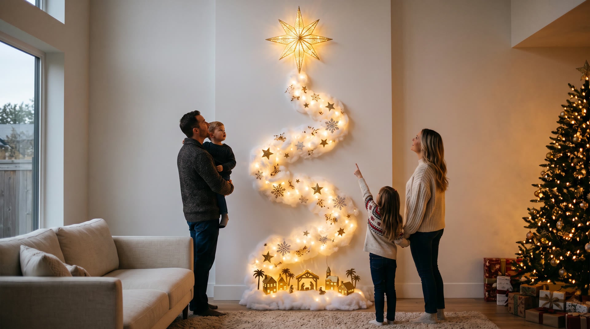 A family gathered around a glowing Magic Trail wall light at Christmas