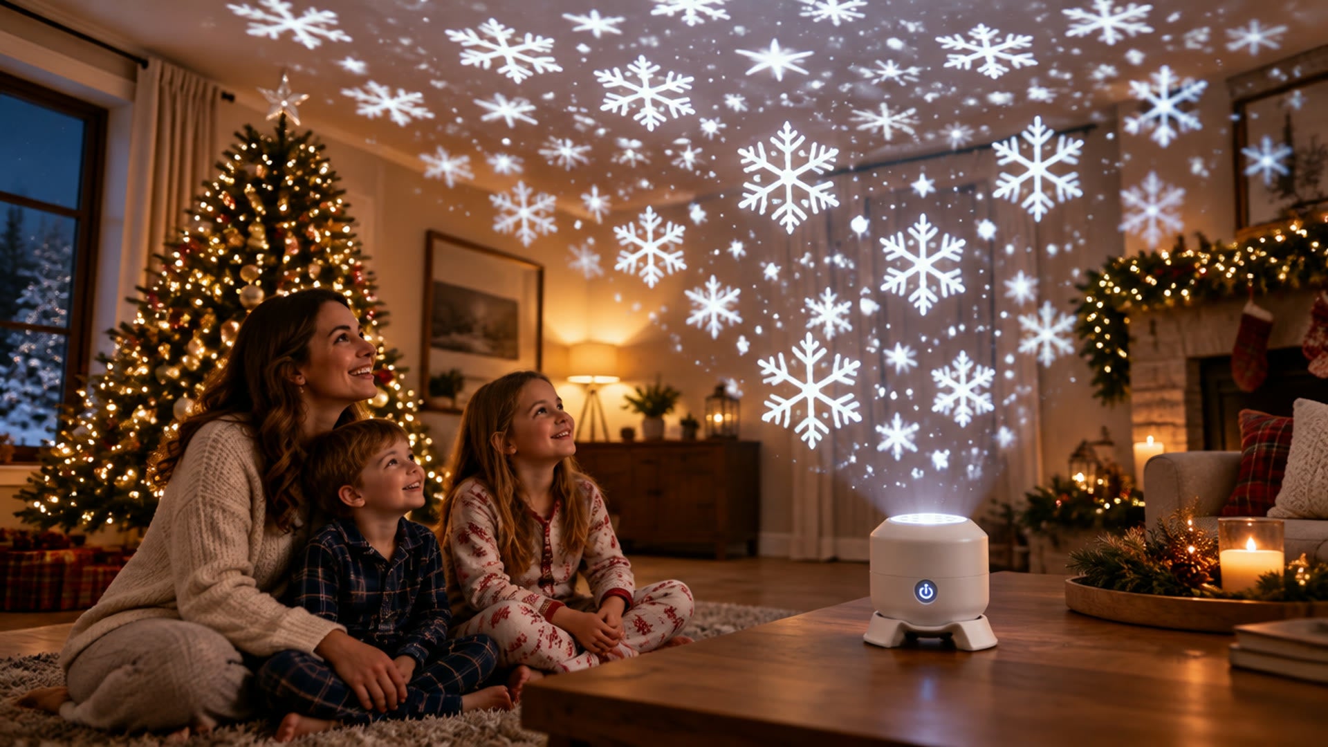 A family looking up at snowflakes projected across their living room wall by the Snowfall Projector Lamp